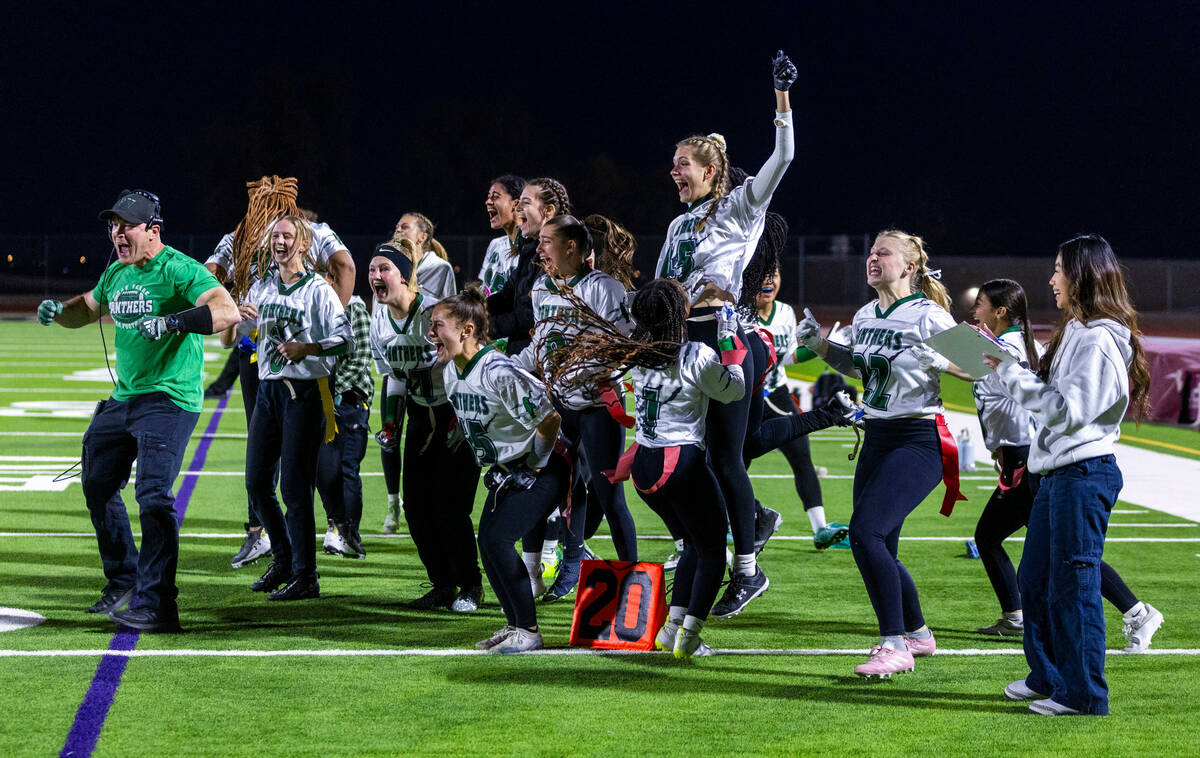 Palo Verde players celebrate a touchdown over Desert Oasis during the first half of their Class ...