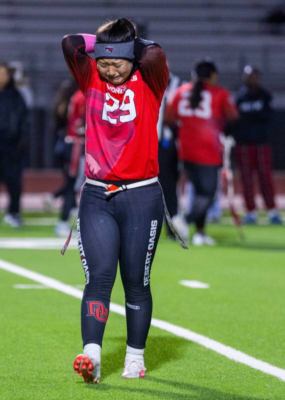 Desert Oasis defender Akiko Higa (29) is upset as Palo Verde runs down the clock securing the w ...