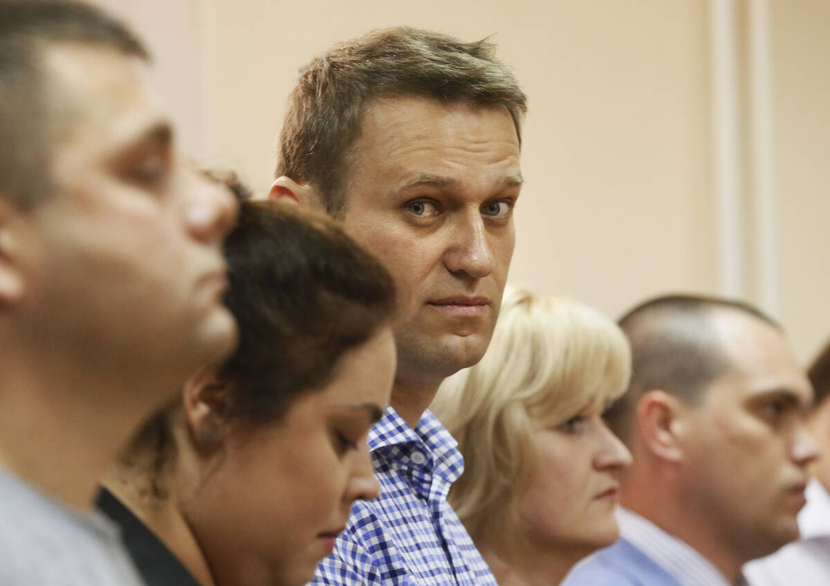 FILE - Russian opposition leader Alexei Navalny, center, and his former colleague Pyotr Ofitser ...