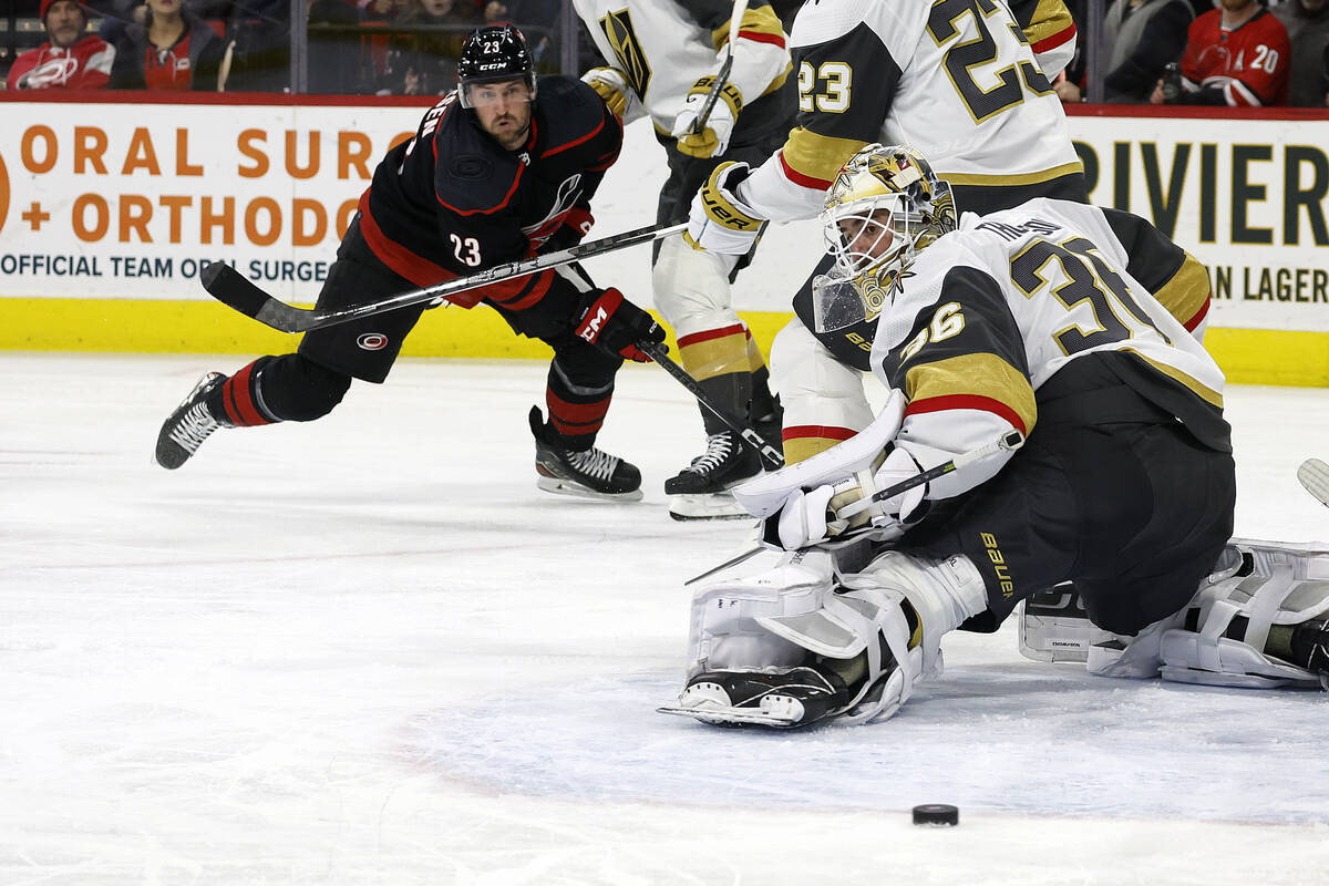 Carolina Hurricanes' Stefan Noesen (23) has his shot go wide of Vegas Golden Knights goaltender ...