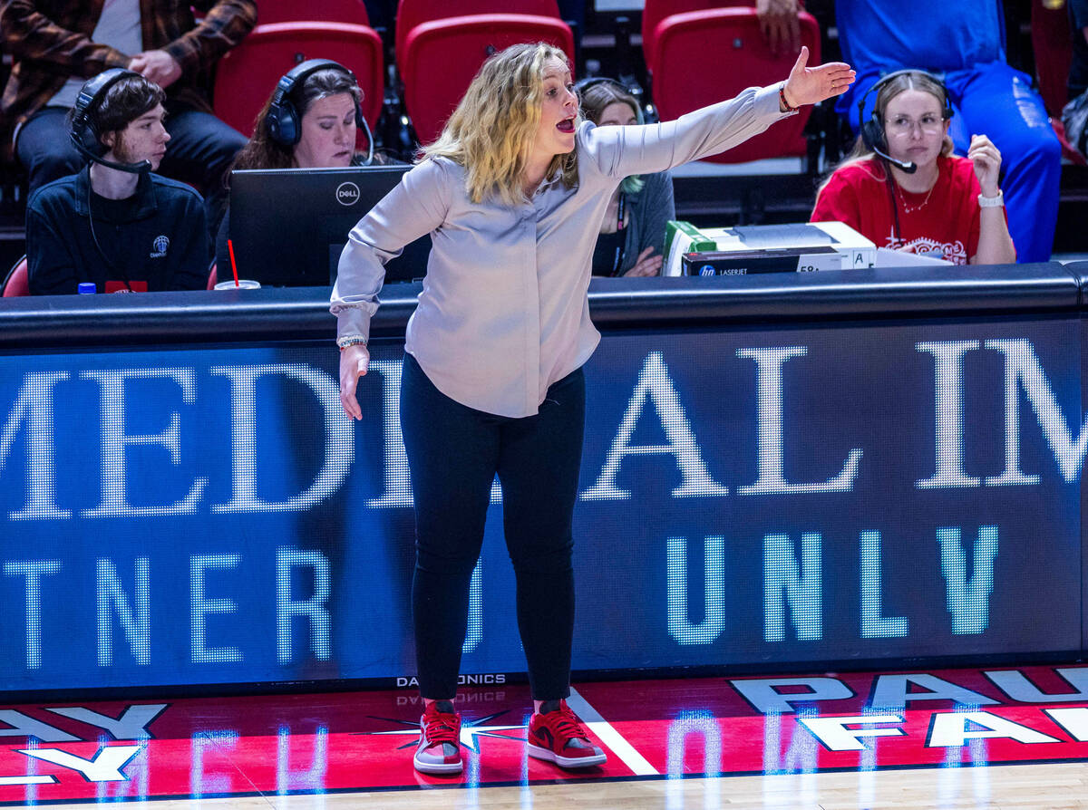 UNLV Lady Rebels head coach Lindy La Rocque is unhappy about a call for the Air Force Falcons d ...