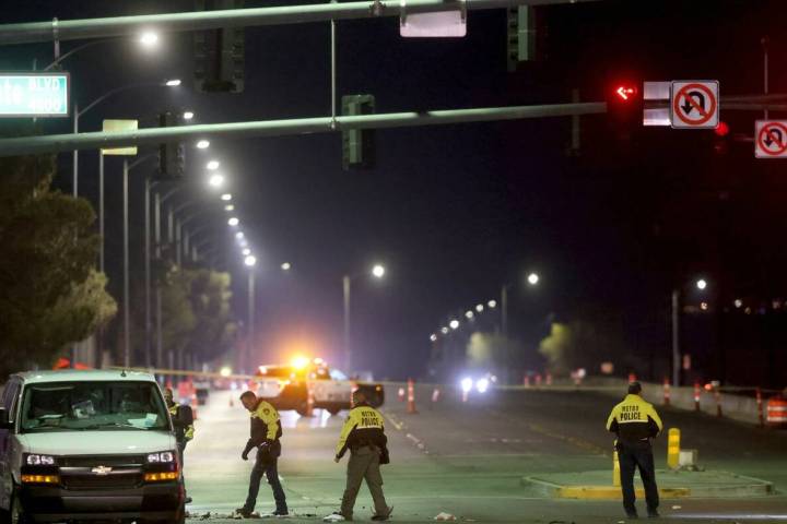 Police investigate a fatal crash involving a motorcycle and a RTC bus at Tropicana Avenue and J ...