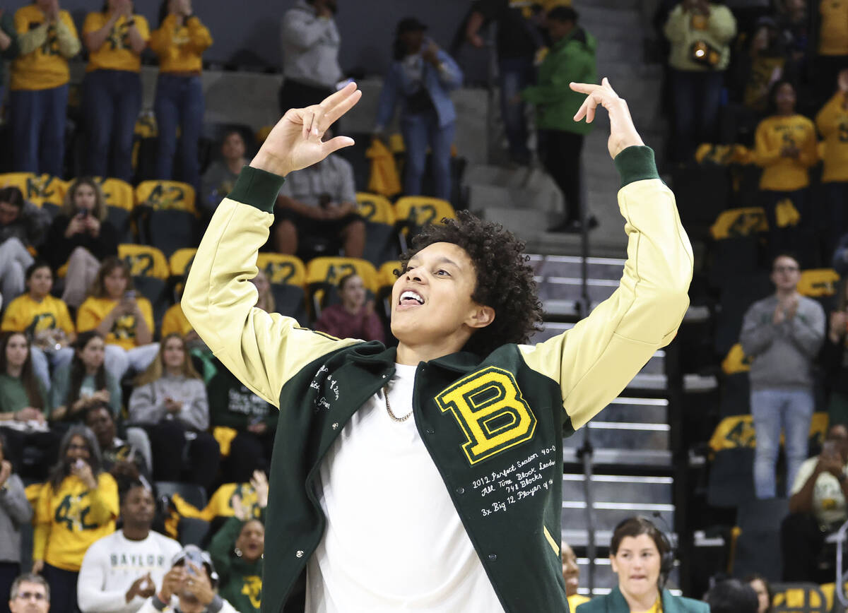 Former Baylor University legend and WNBA star Brittney Griner waves to the crowd during her No. ...