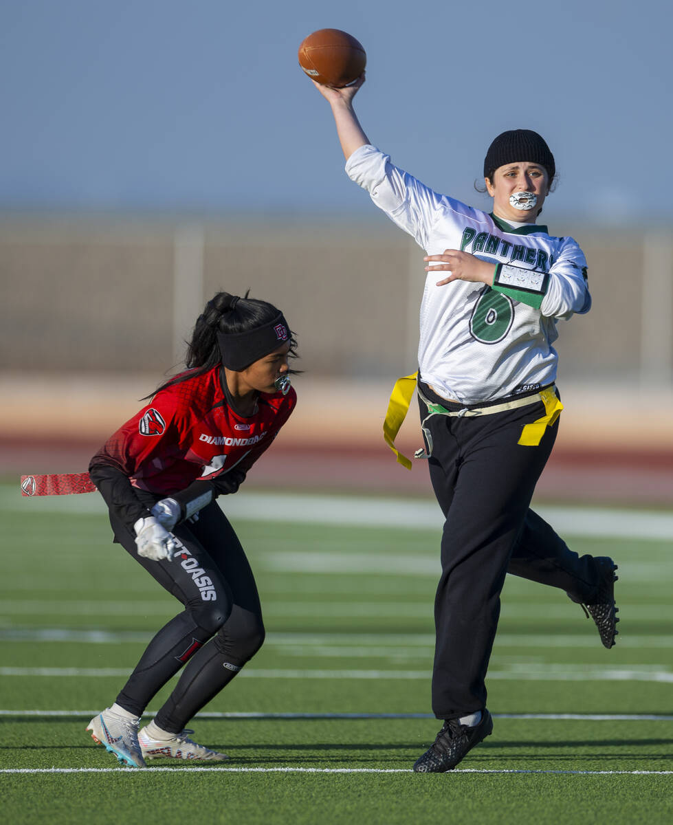 Palo Verde quarterback Jordan Katz (6) elevates for a pass over Desert Oasis defender Aniyah I' ...