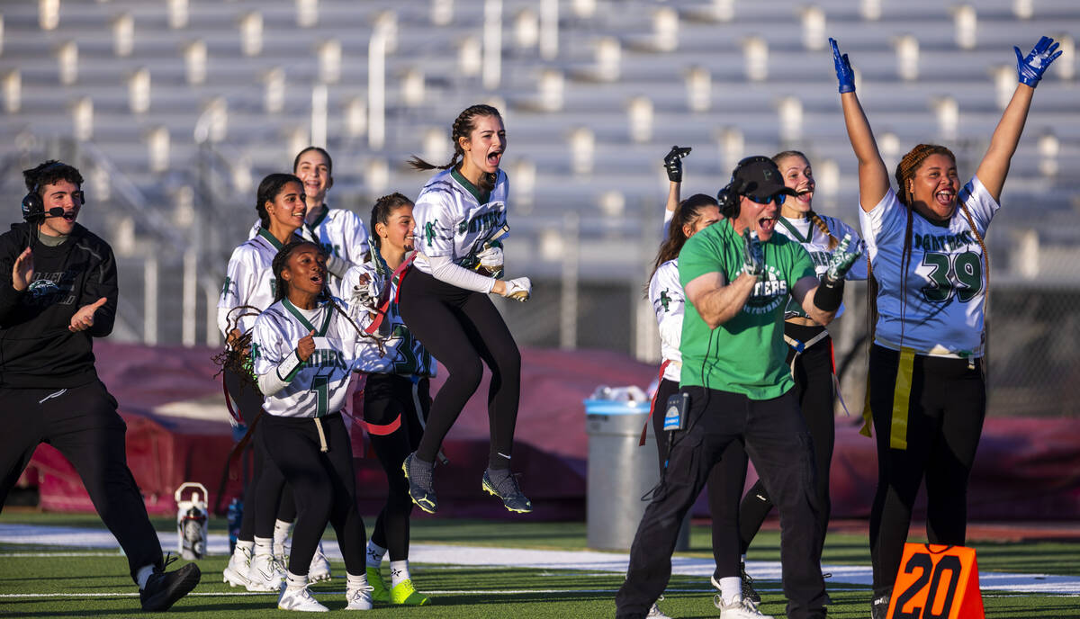 Palo Verde players celebrate a touchdown over Desert Oasis during the first half of their Class ...