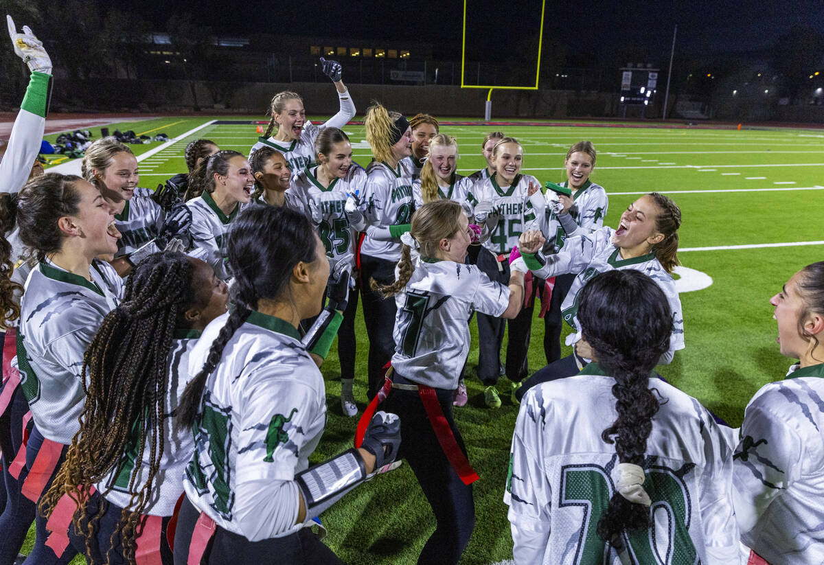 Palo Verde players celebrate their win over Desert Oasis following their Class 5A flag football ...