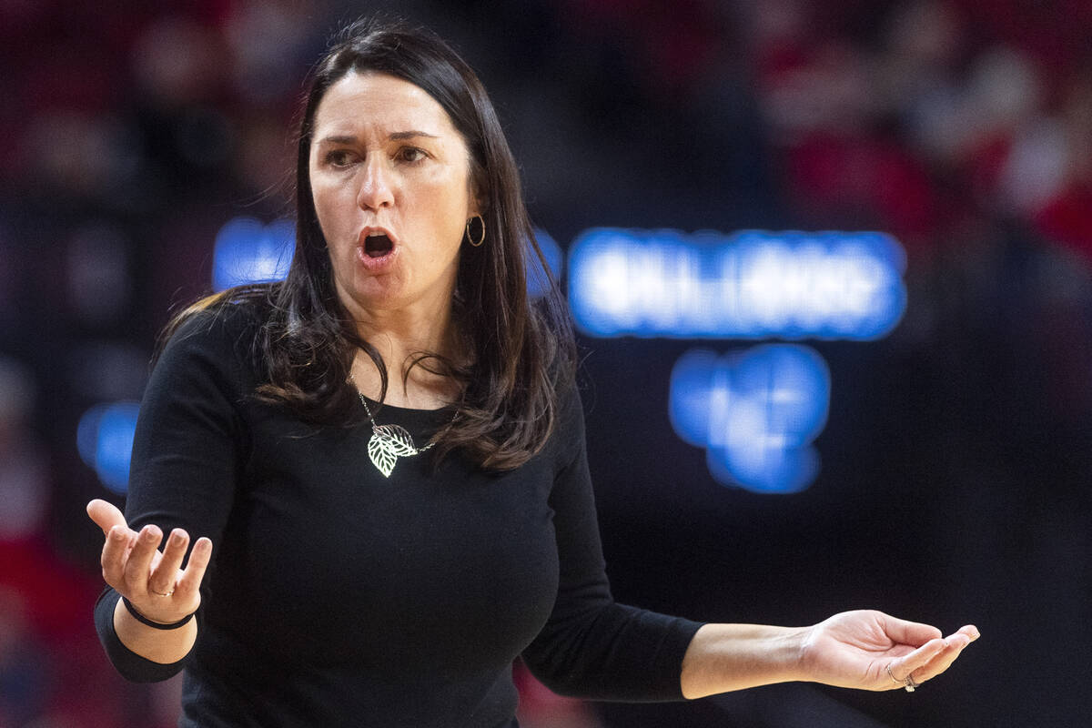 Nebraska head coach Amy Williams reacts after a call against her team as they take on Samford i ...
