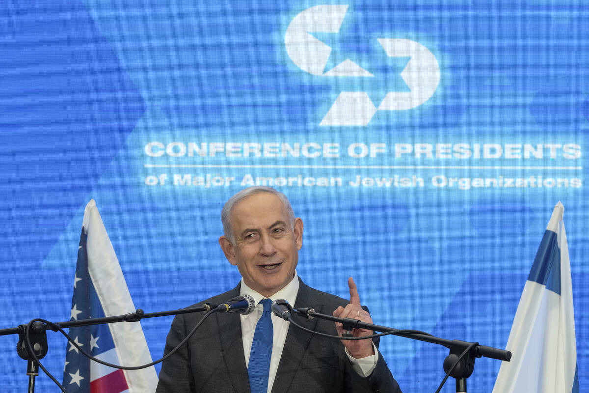 Prime Minister Benjamin Netanyahu speaks during a gathering of Jewish leaders at the Museum of ...