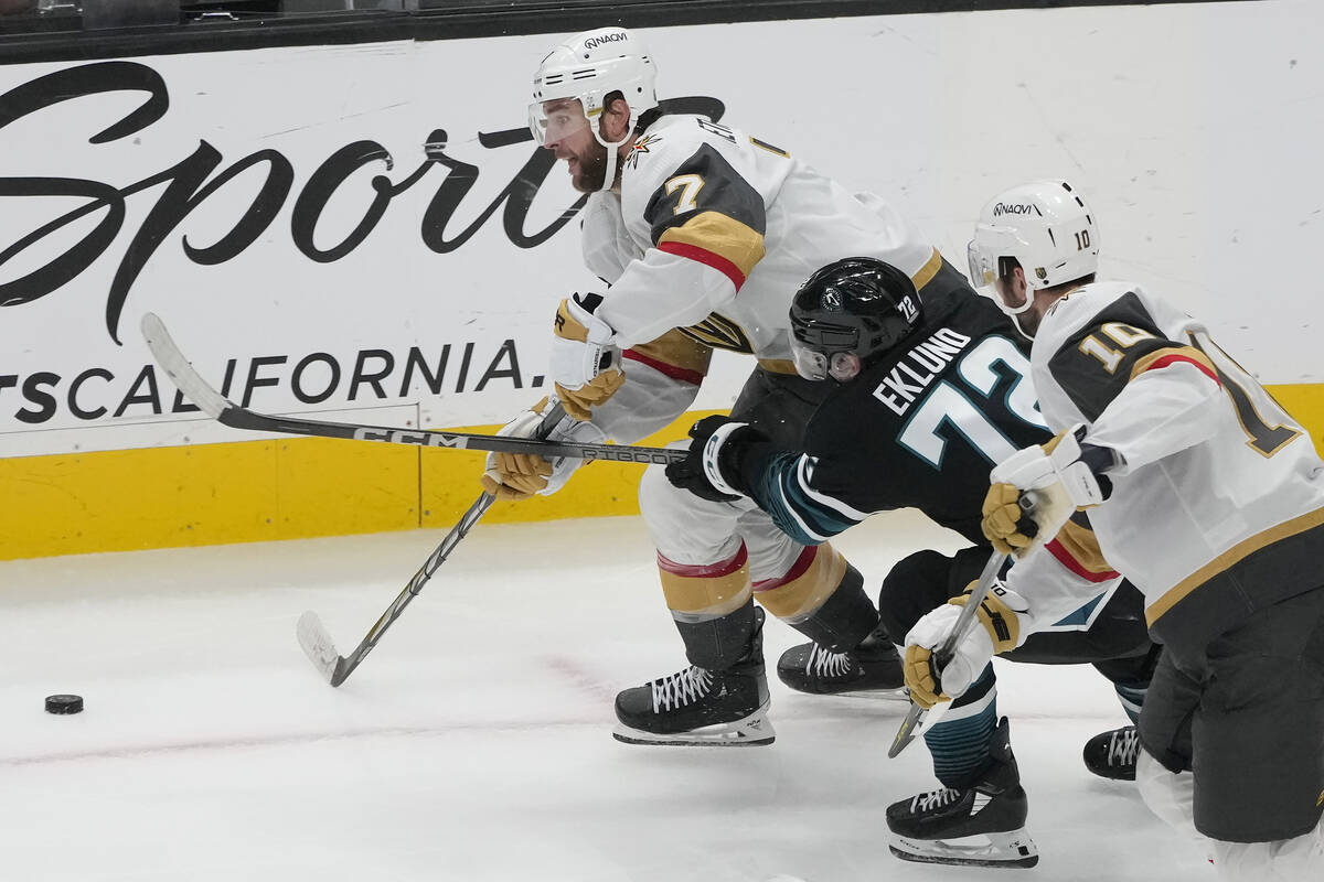 Vegas Golden Knights defenseman Alex Pietrangelo (7) skates with the puck against San Jose Shar ...