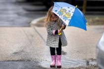 Kennedy Shoemaker, 2, of Simi Valley, tries out her rain gear on a puddle at the Ronald Reagan ...