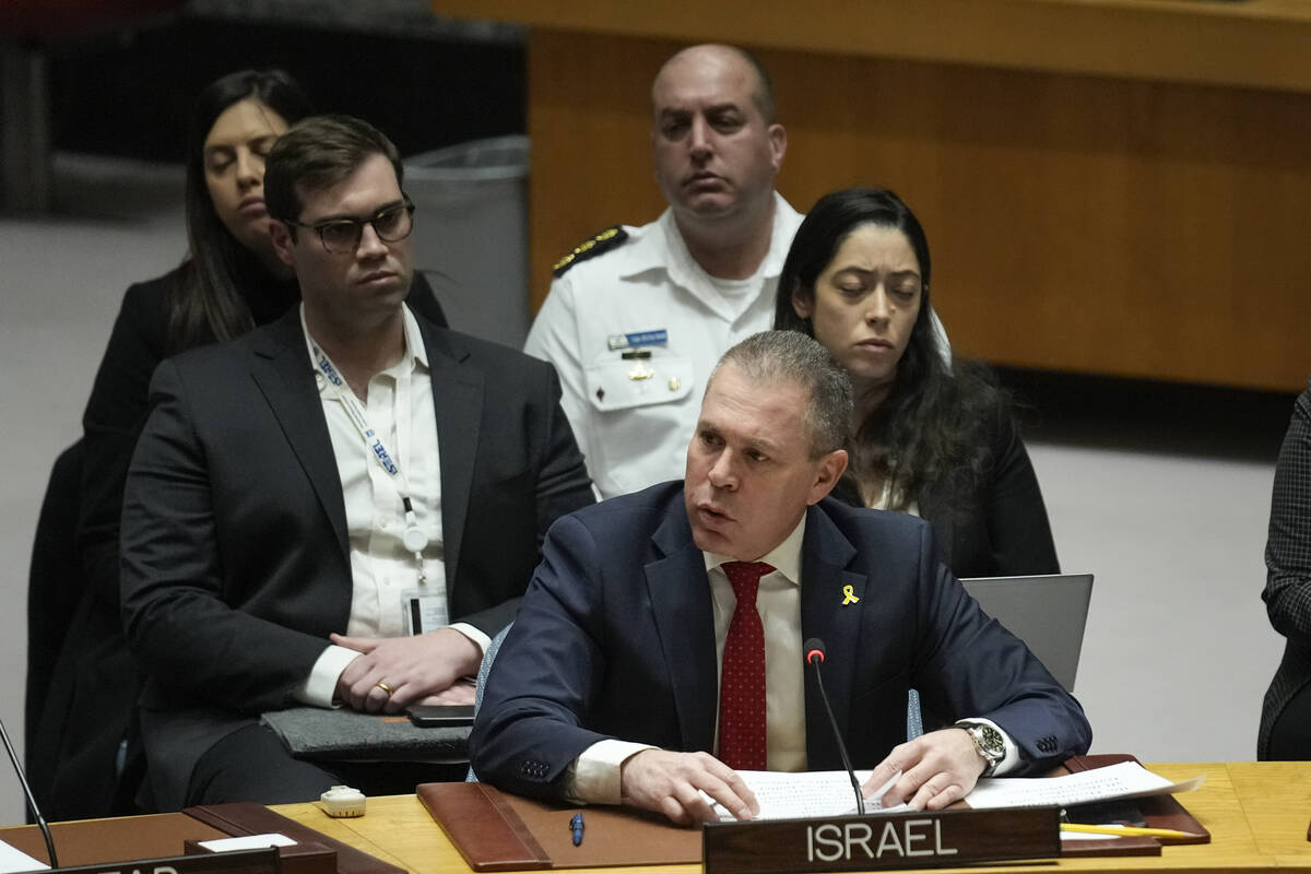 Gilad Erdan, Israeli Ambassador to the United Nations, speaks during a Security Council meeting ...