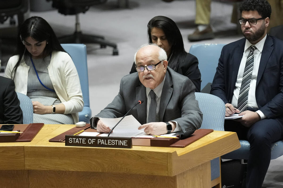 Riyad Mansour, Palestinian Ambassador to the United Nations, speaks during a Security Council m ...