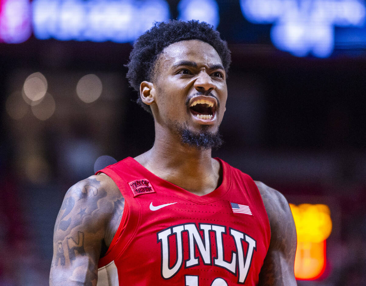 UNLV Rebels forward Kalib Boone (10) yells as things gets tight against UNR during the second h ...