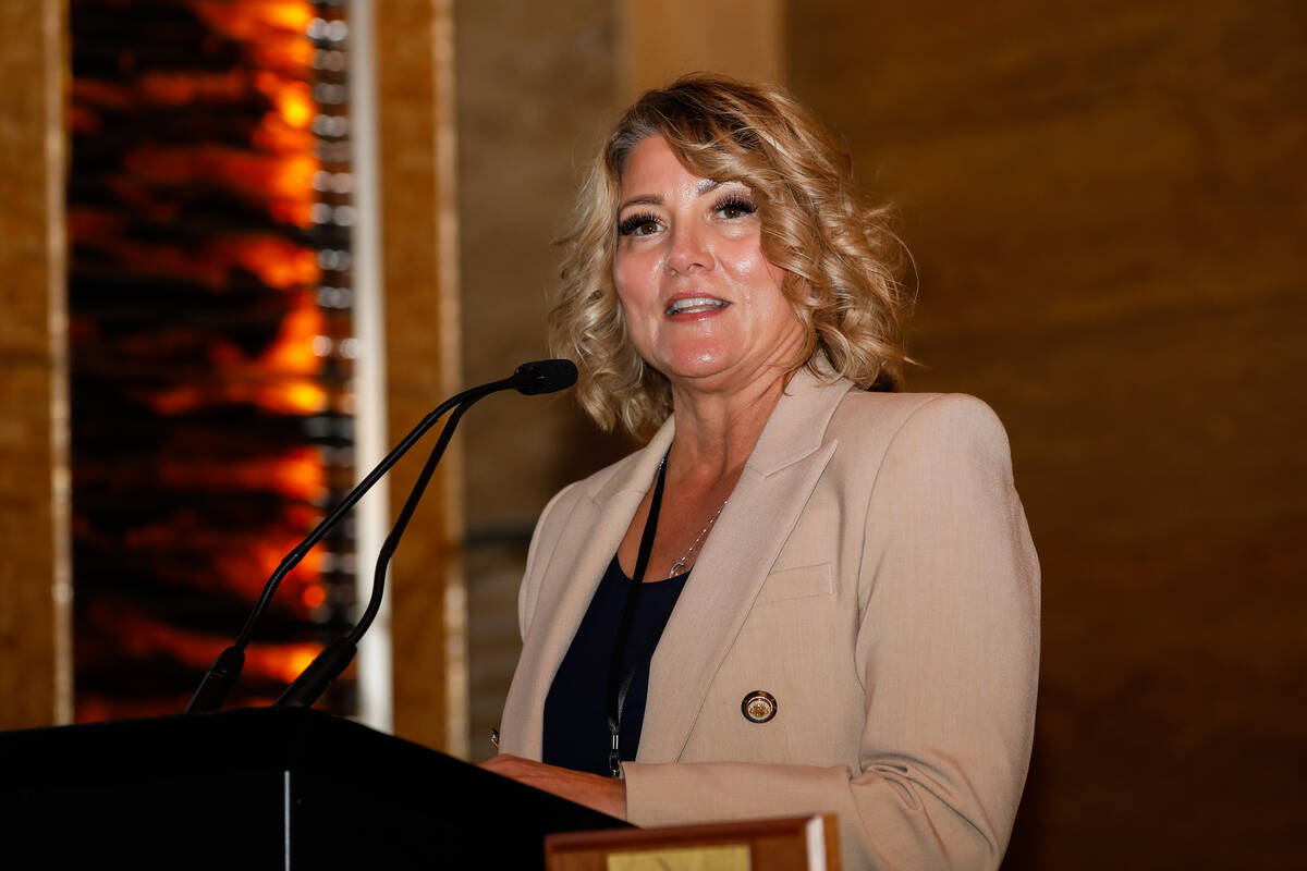 Henderson Mayor Michelle Romero speaks during the groundbreaking ceremony for M Resort’s new ...