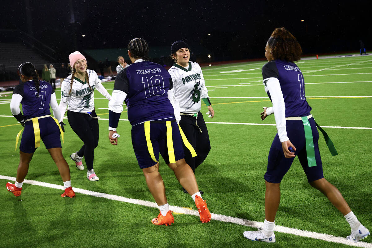 Palo Verde congratulates Shadow Ridge on their win in the Class 5A flag football state champion ...