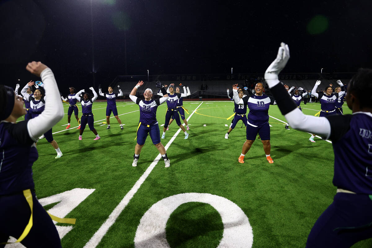 Shadow Ridge does a round of jumping jacks after winning the Class 5A flag football state champ ...