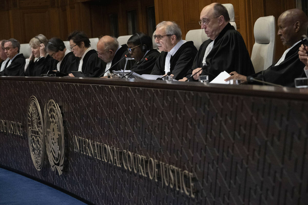 Judge Nawaf Salam, center, presides over the United Nations' highest court during historic hear ...