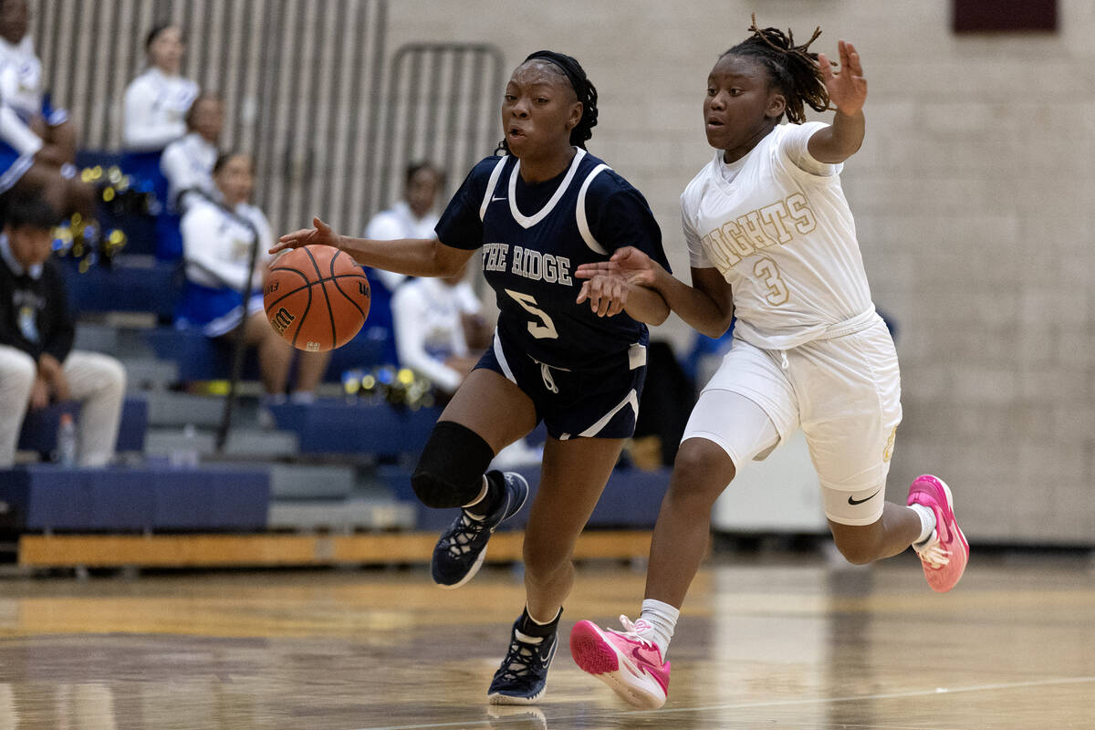 Shadow Ridge’s Zh’mya Martin (5) dribbles against Democracy Prep’s Bray&#x ...