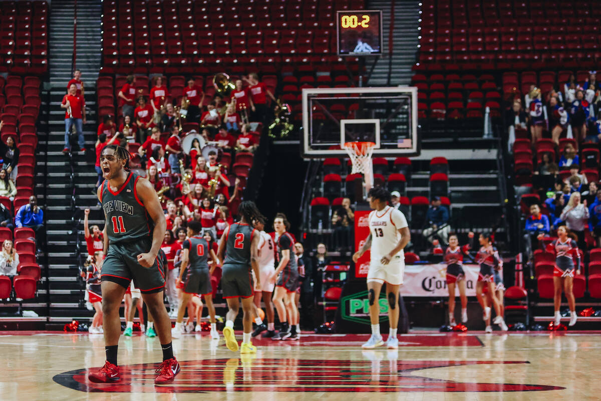 Arbor View small forward Brian Townsend (11) reacts as his teammate ties the game with less tha ...