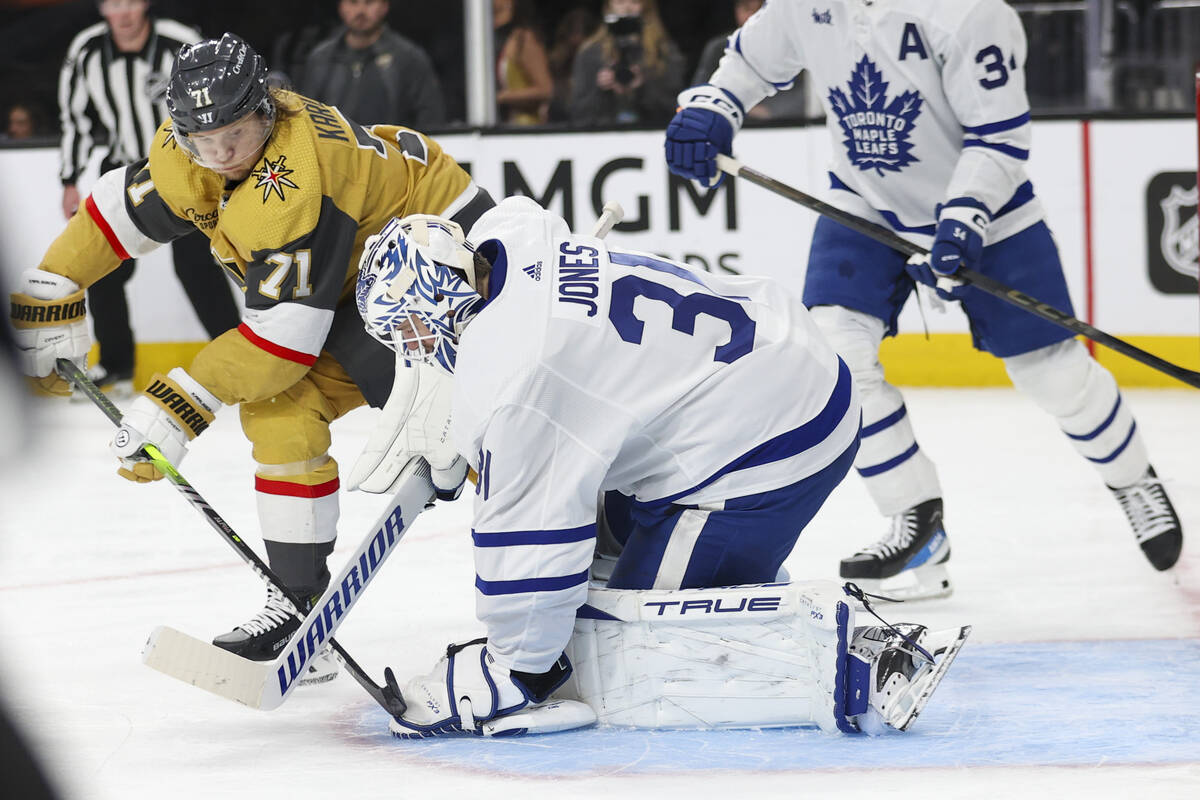 Vegas Golden Knights center William Karlsson (71) has his shot stopped by Toronto Maple Leafs g ...