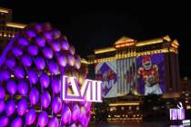The Bellagio and Caesars Palace are decorated for Super Bowl 58 on Saturday, Feb. 10, 2024, on ...