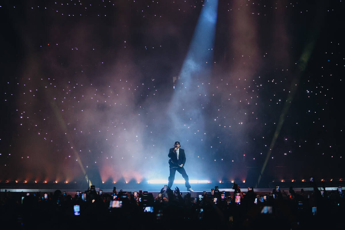 Bad Bunny performs during his Most Wanted Tour at T-Mobile Arena on Friday, Feb. 23, 2024, in L ...