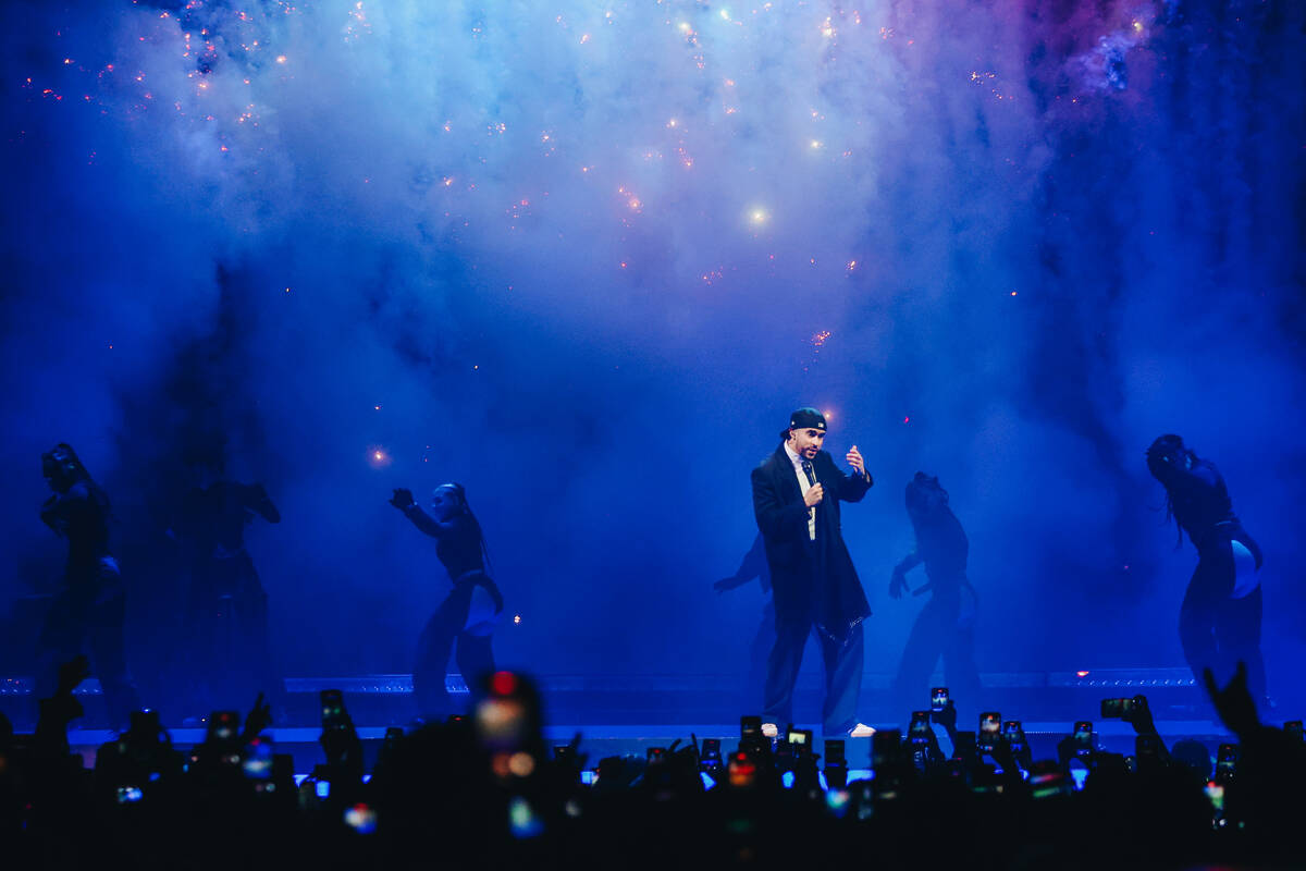 Bad Bunny performs during his Most Wanted Tour at T-Mobile Arena on Friday, Feb. 23, 2024, in L ...