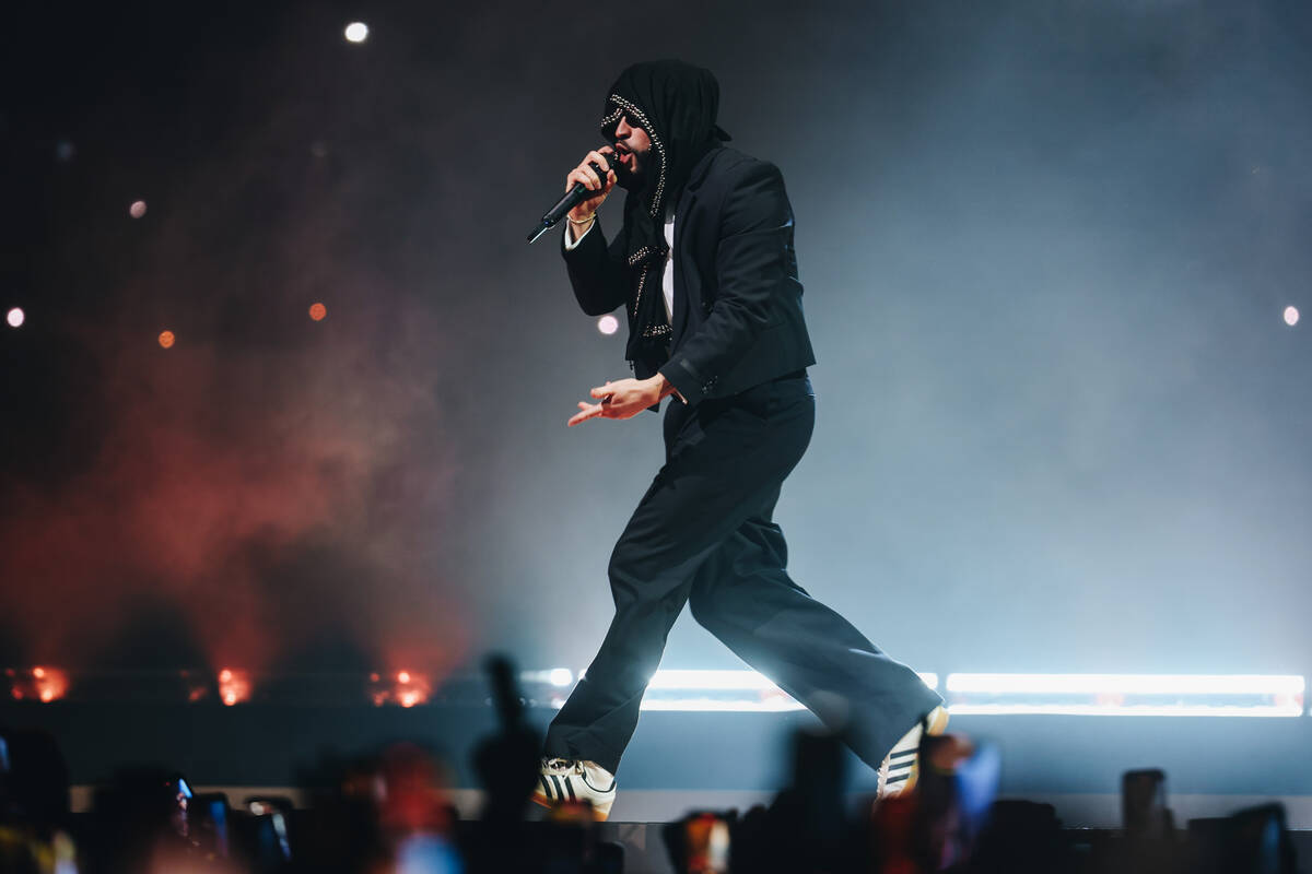 Bad Bunny performs during his Most Wanted Tour at T-Mobile Arena on Friday, Feb. 23, 2024, in L ...