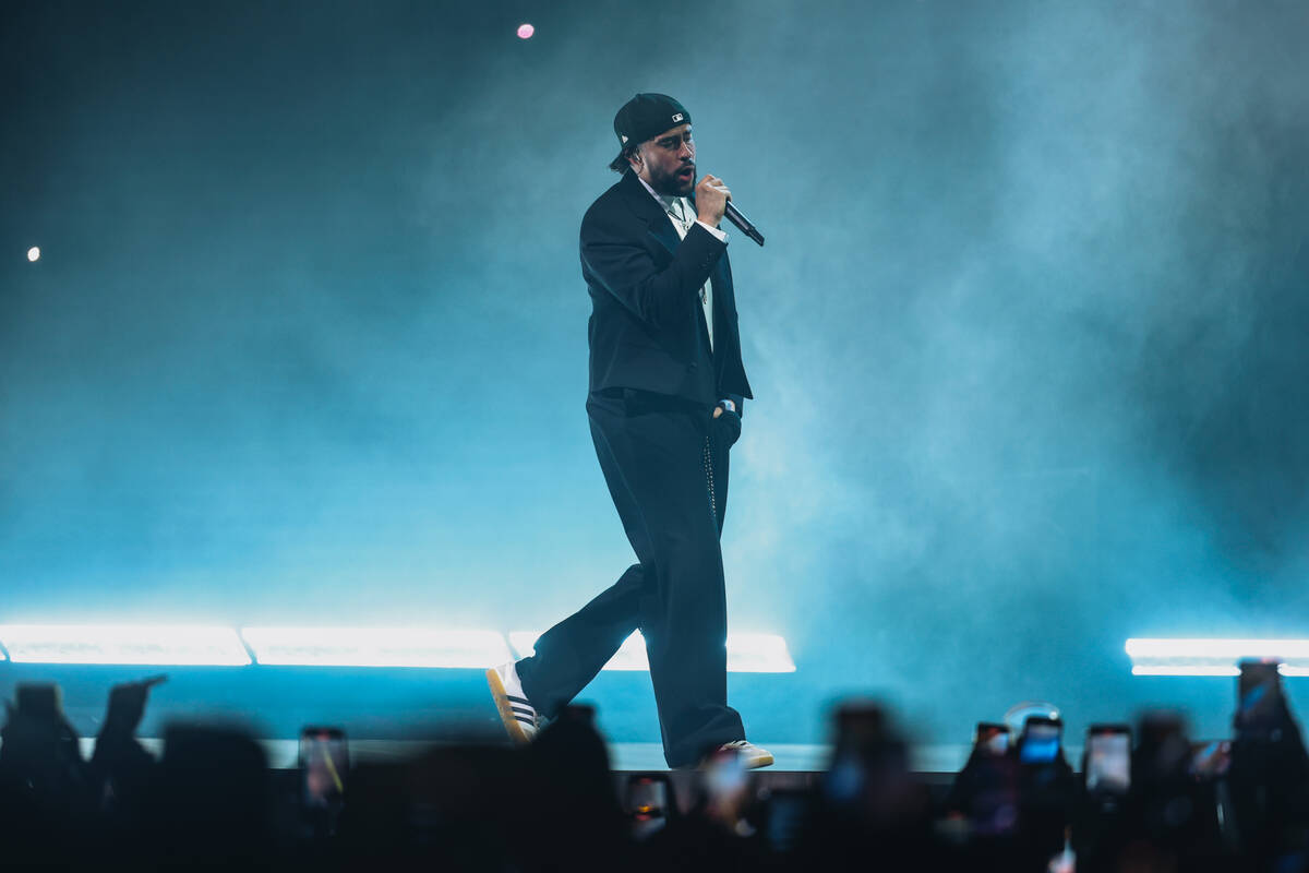 Bad Bunny performs during his Most Wanted Tour at T-Mobile Arena on Friday, Feb. 23, 2024, in L ...