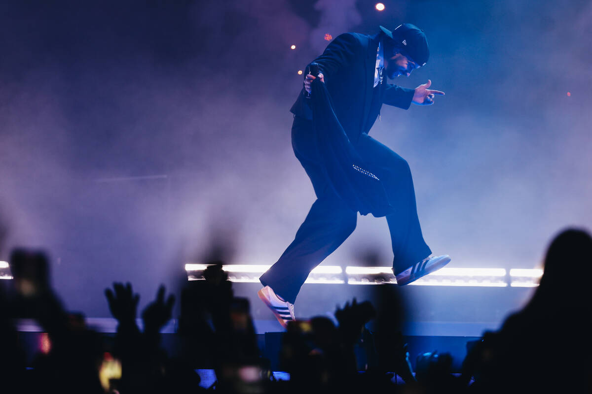 Bad Bunny performs during his Most Wanted Tour at T-Mobile Arena on Friday, Feb. 23, 2024, in L ...