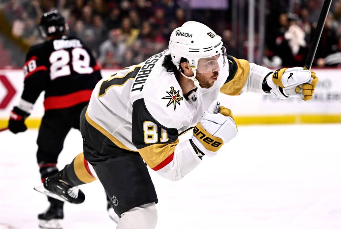 Vegas Golden Knights right wing Jonathan Marchessault (81) celebrates his goal against the Otta ...