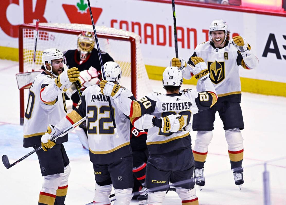 Vegas Golden Knights center Chandler Stephenson (20) celebrates his goal against the Ottawa Sen ...