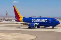 A Southwest Airlines plane taxis before take off at Harry Reid International Airport on Monday, ...