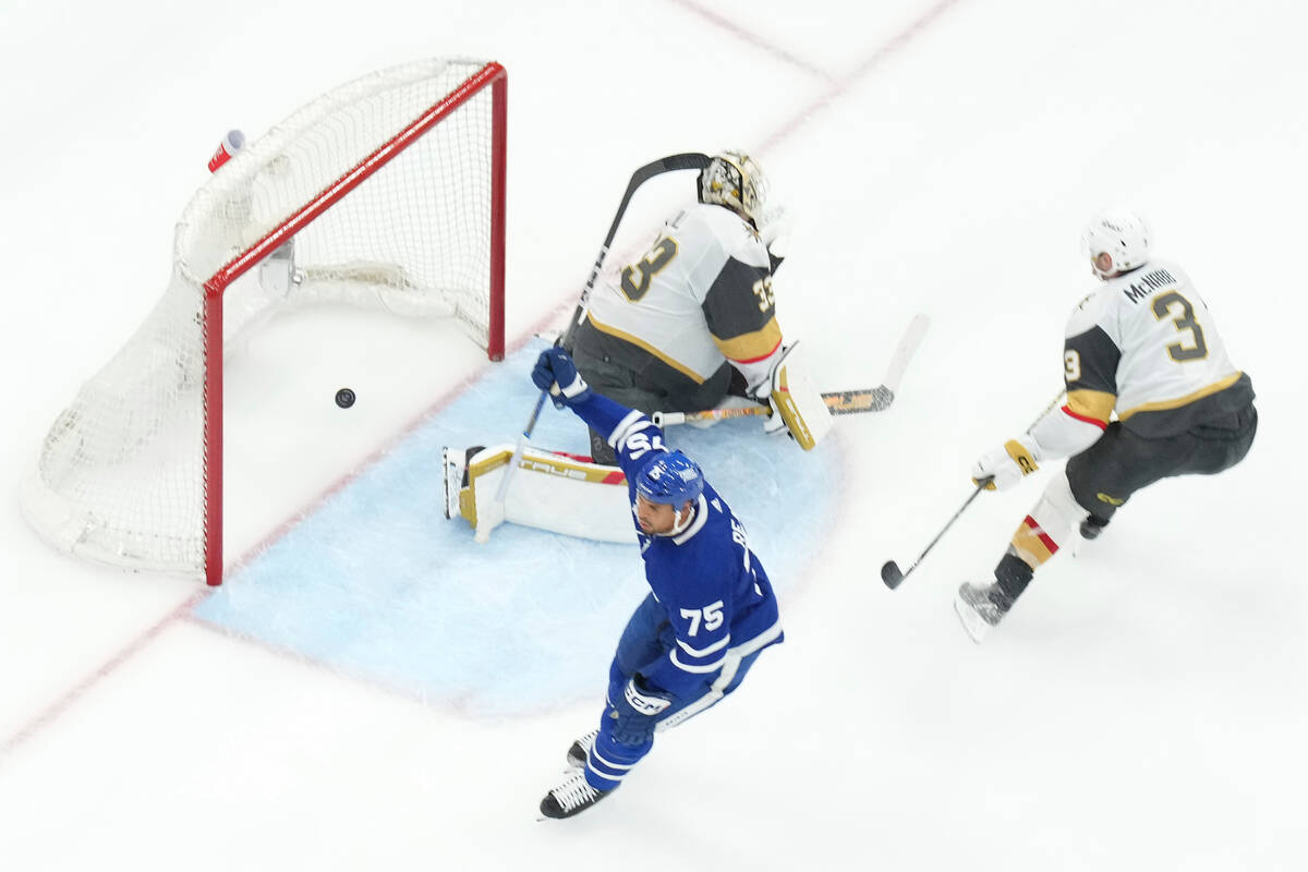 Toronto Maple Leafs' Ryan Reaves (75) celebrates his goal against Vegas Golden Knights goaltend ...