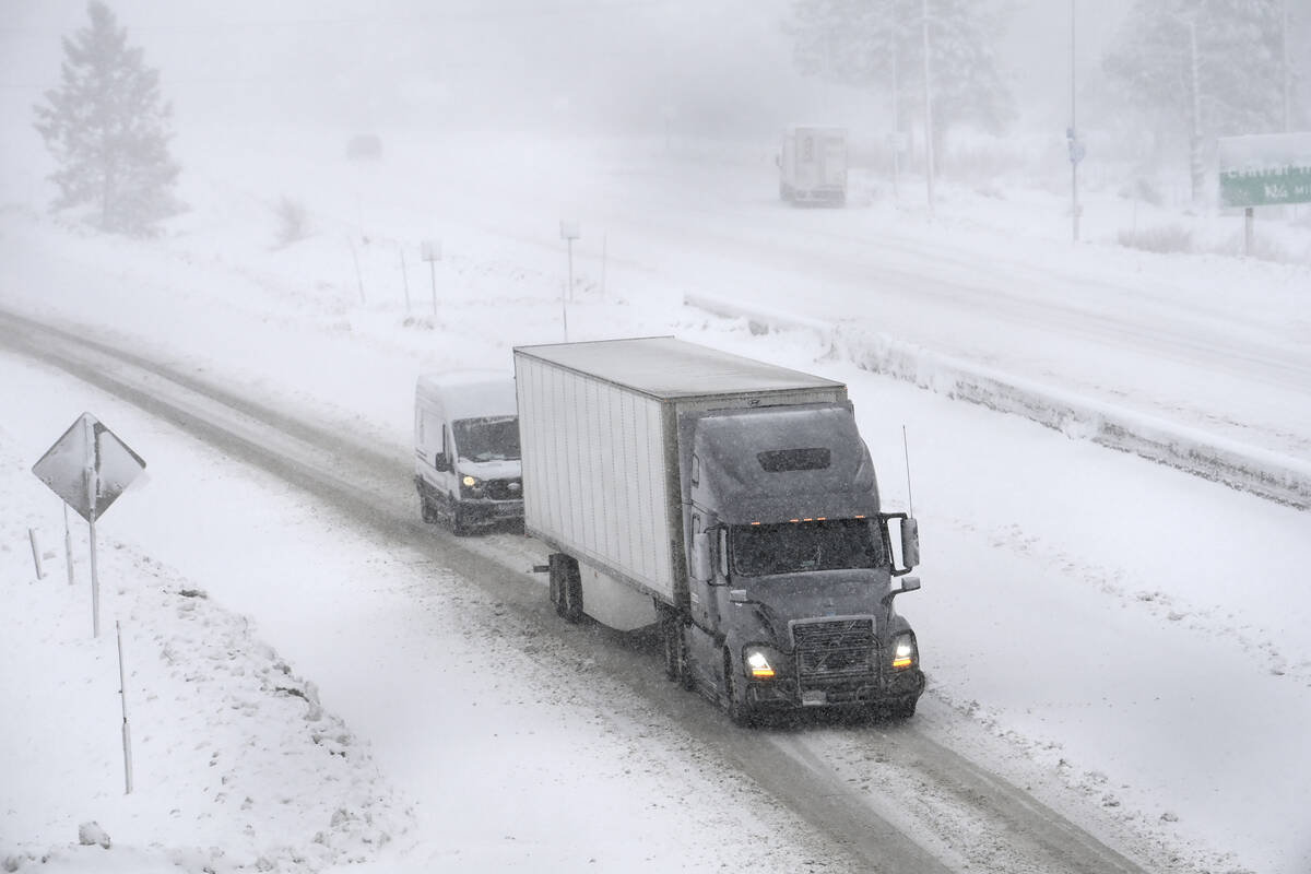 West bound traffic moves slowly on the I-80 at the Donner Pass Exit on Friday, March 1, 2024, i ...