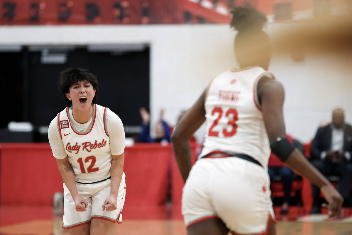 UNLV Lady Rebels guard Alyssa Durazo-Frescas (12) celebrates after scored during the second hal ...