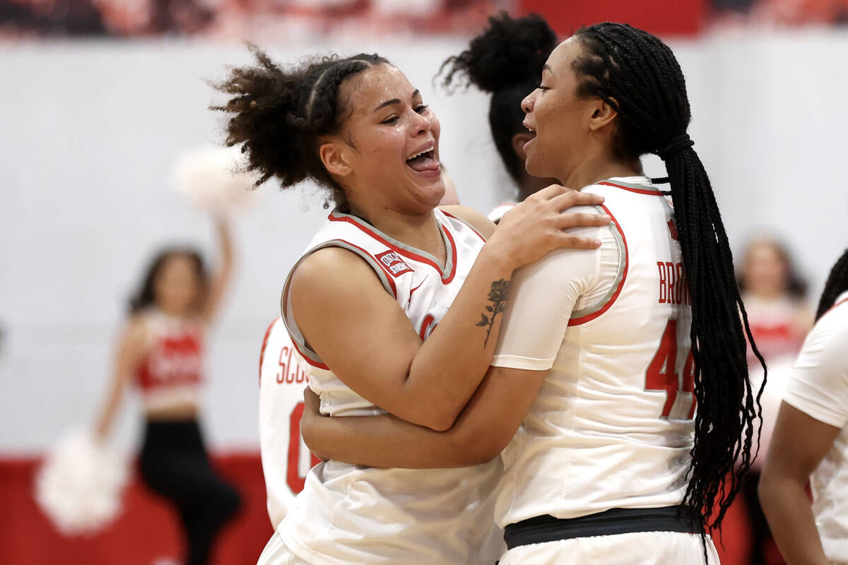 UNLV Lady Rebels forward Nneka Obiazor (1) celebrates with forward Alyssa Brown (44) in a timeo ...