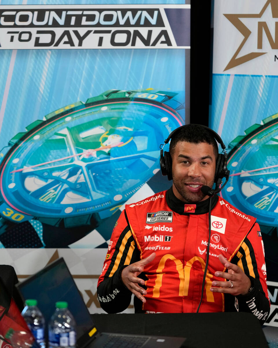 Bubba Wallace talks racing with media members during NASCAR Daytona 500 auto racing media day a ...