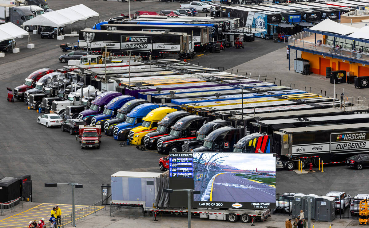 Car trailers are parked on the infield during the LiUNA NASCAR Xfinity Series race at the Las V ...