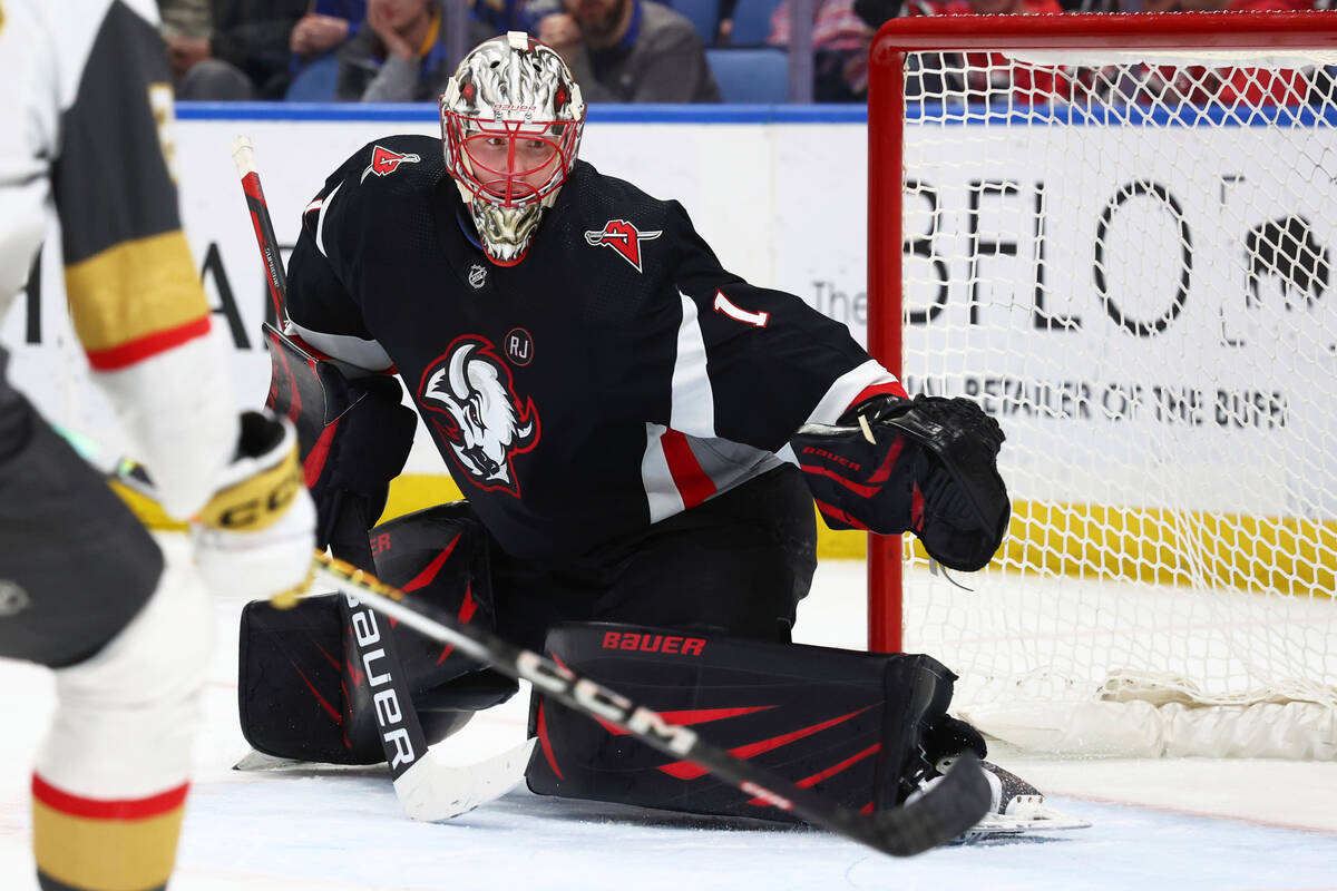 Buffalo Sabres goaltender Ukko-Pekka Luukkonen (1) slides across the crease to make a save duri ...