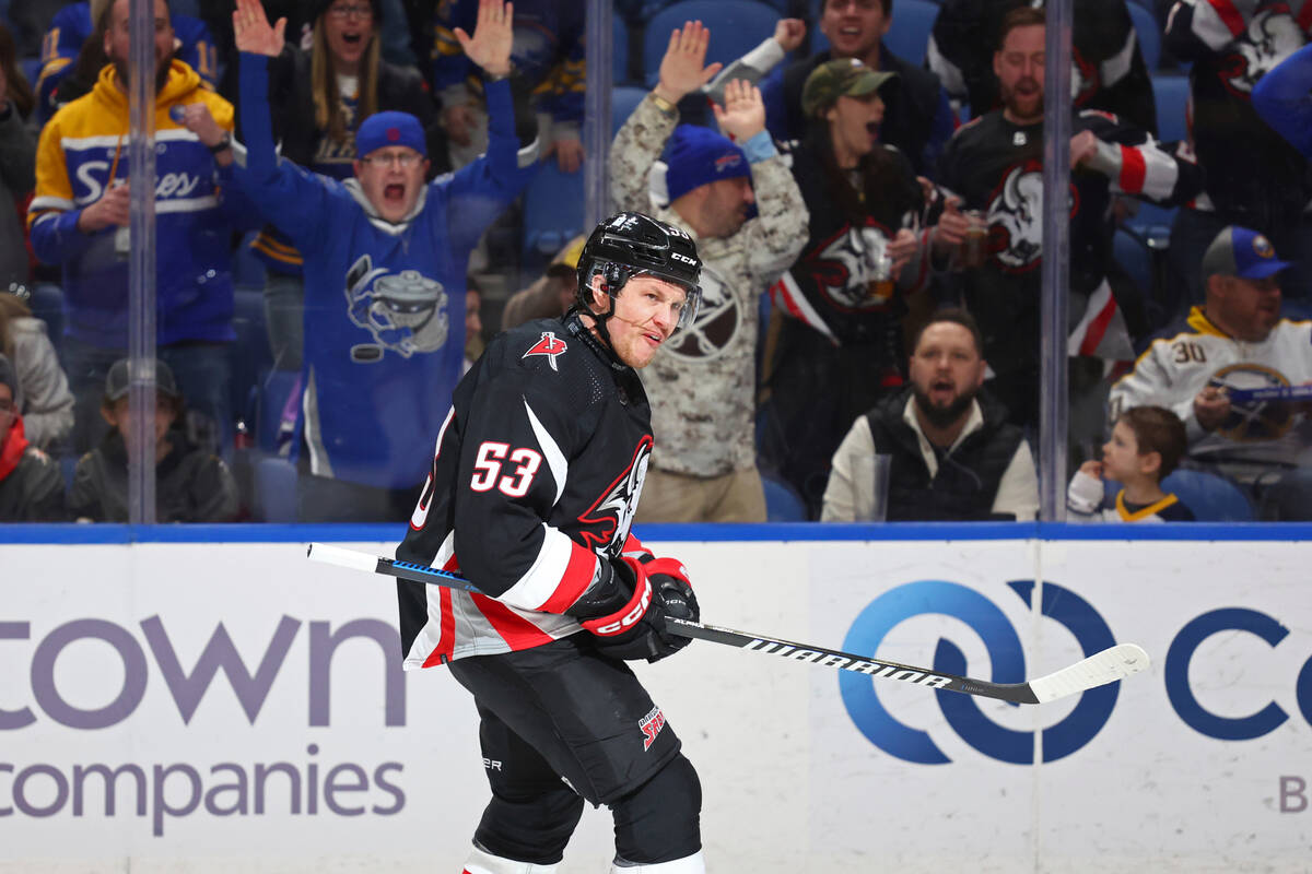 Buffalo Sabres left wing Jeff Skinner (53) celebrates his goal against the Vegas Golden Knights ...