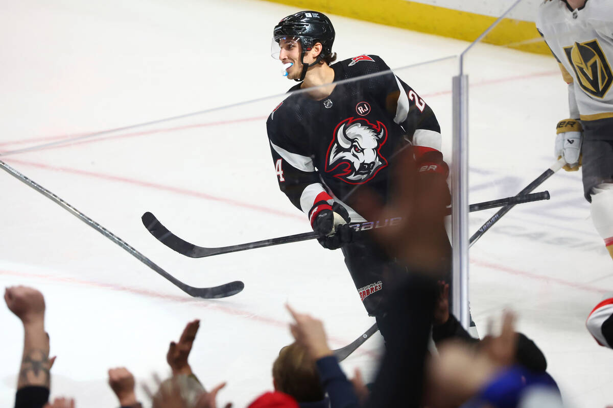 Buffalo Sabres center Dylan Cozens (24) celebrates after his second short-handed goal during th ...