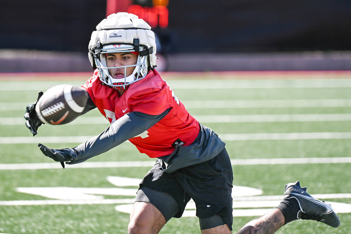 UNLV wide receiver Corey Thompson Jr. pulls in a pass during the first day of spring practice S ...