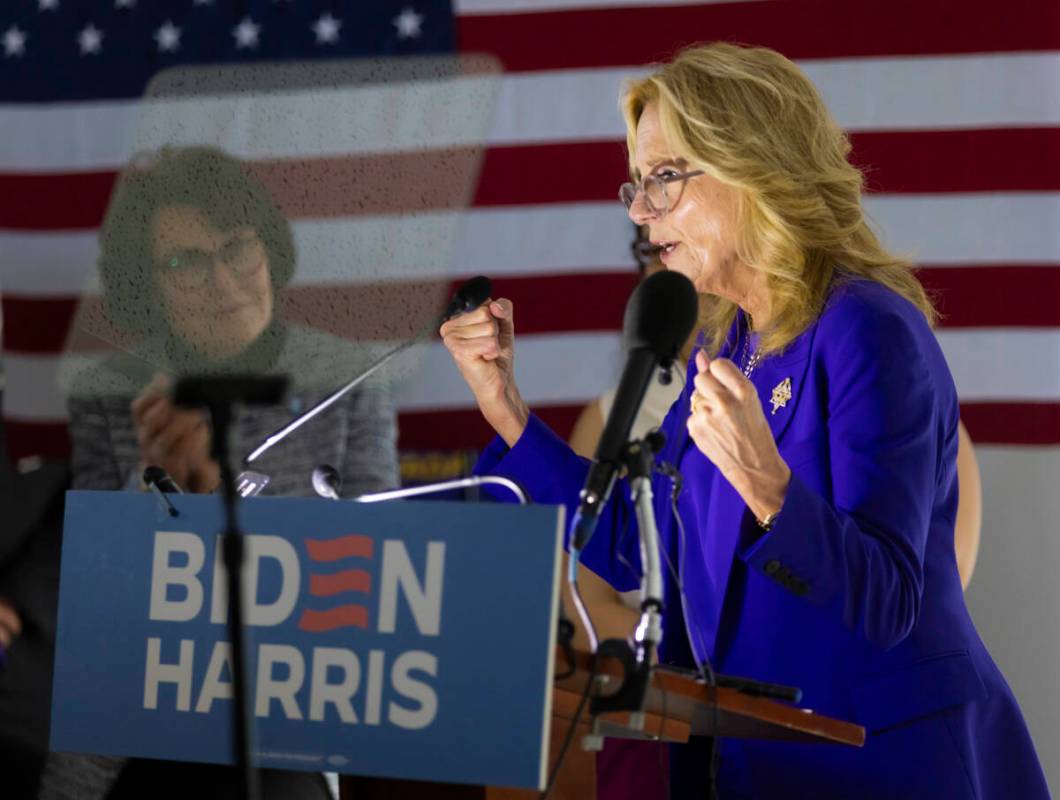 First lady Jill Biden speaks to supporters during a campaign event encouraging women to vote at ...