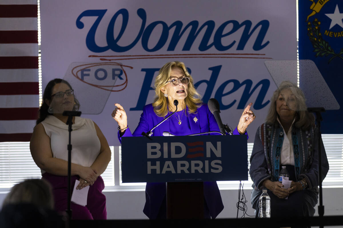 First lady Jill Biden speaks to supporters during a campaign event encouraging women to vote at ...