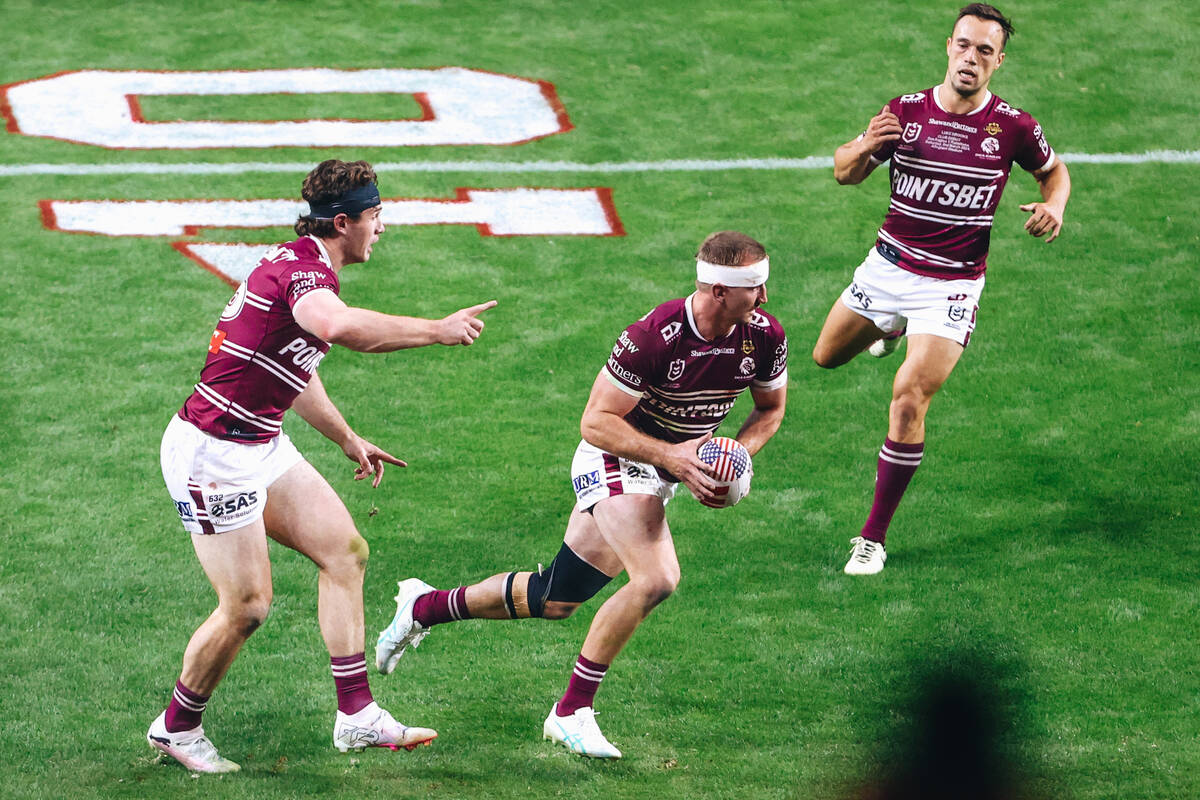 A rugby match between the Sea Eagles and Rabbitohs takes place during the NRL Telstra Premiersh ...