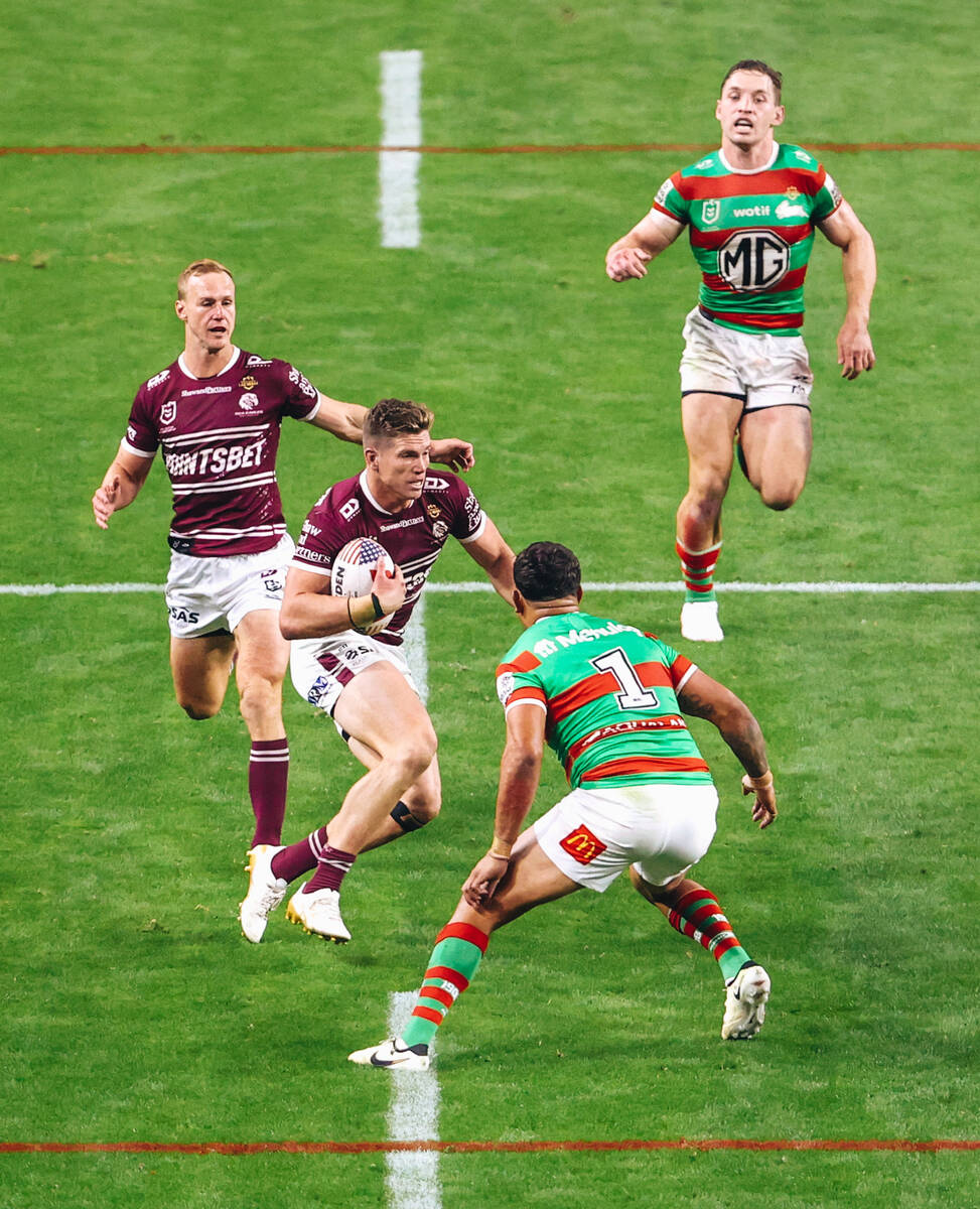 A rugby match between the Sea Eagles and Rabbitohs takes place during the NRL Telstra Premiersh ...