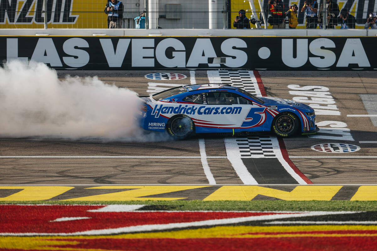 Kyle Larson burns out his car to celebrate winning the Pennzoil 400 NASCAR Cup Series race at t ...