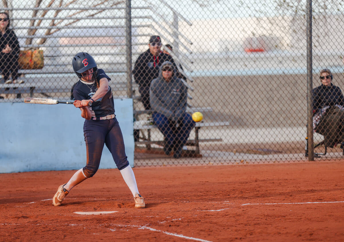 Foothill High School’s Camren VanThomme (2) bats against Liberty High School during a so ...