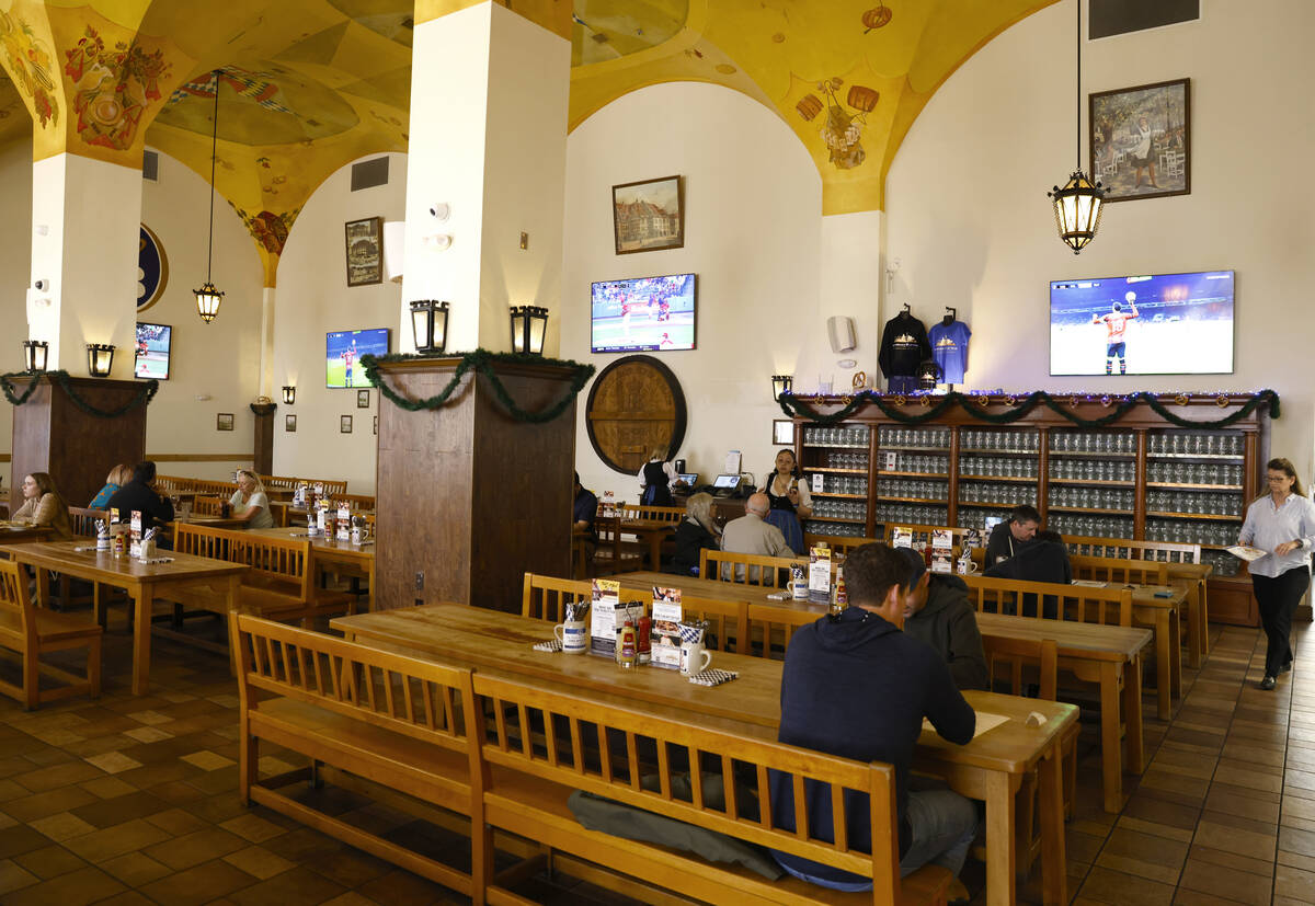 Patrons enjoy their meals at Hofbräuhaus Las Vegas, on Thursday, March 7, 2024. Germany's ...